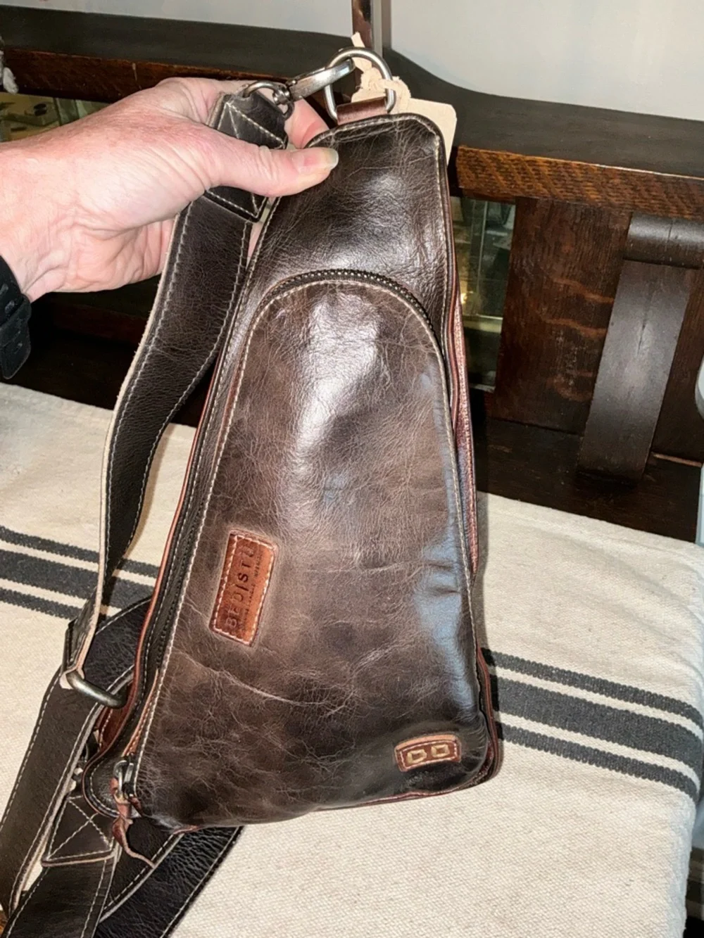 NWT Bed Stu Leather Adept Unisex Sling Backpack Black Teak Rustic MSRP $235